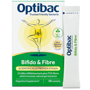 Optibac Probiotics Bifido & Fibre sachets with 25 billion live cultures and prebiotic FOS for digestive regularity and gut health.