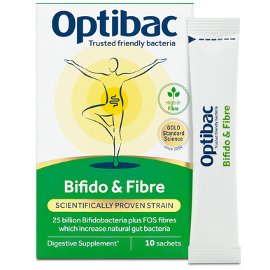 Optibac Probiotics Bifido & Fibre sachets with 25 billion live cultures and prebiotic FOS for digestive regularity and gut health.