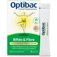 A white and green box of Optibac "Bifido & Fibre" digestive supplement containing 30 sachets, featuring a human figure illustration and a single sachet standing beside the box.