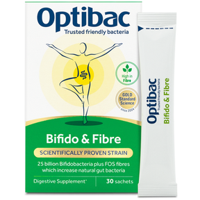 A white and green box of Optibac "Bifido & Fibre" digestive supplement containing 30 sachets, featuring a human figure illustration and a single sachet standing beside the box.