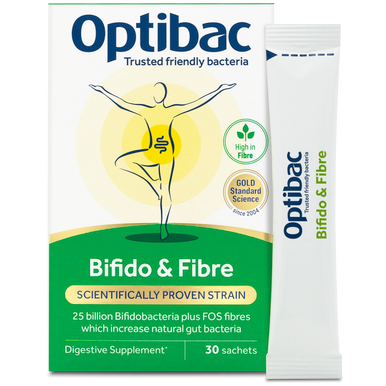 A white and green box of Optibac "Bifido & Fibre" digestive supplement containing 30 sachets, featuring a human figure illustration and a single sachet standing beside the box.