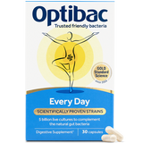 Optibac Probiotics Every Day capsules with 5 billion live cultures and prebiotic FOS for digestive health and immune support.