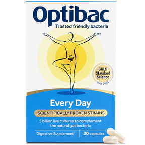 Optibac Probiotics Every Day capsules with 5 billion live cultures and prebiotic FOS for digestive health and immune support.