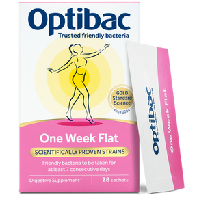 Optibac Probiotics One Week Flat sachets with prebiotics and live cultures for digestive health and bloating relief.