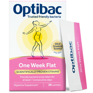 Optibac Probiotics One Week Flat sachets with prebiotics and live cultures for digestive health and bloating relief.