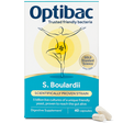 A white and teal box of Optibac S. Boulardii digestive supplement containing 40 capsules, featuring an illustration of a human figure in a yoga pose.