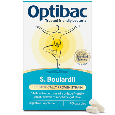 A white and teal box of Optibac S. Boulardii digestive supplement containing 40 capsules, featuring an illustration of a human figure in a yoga pose.