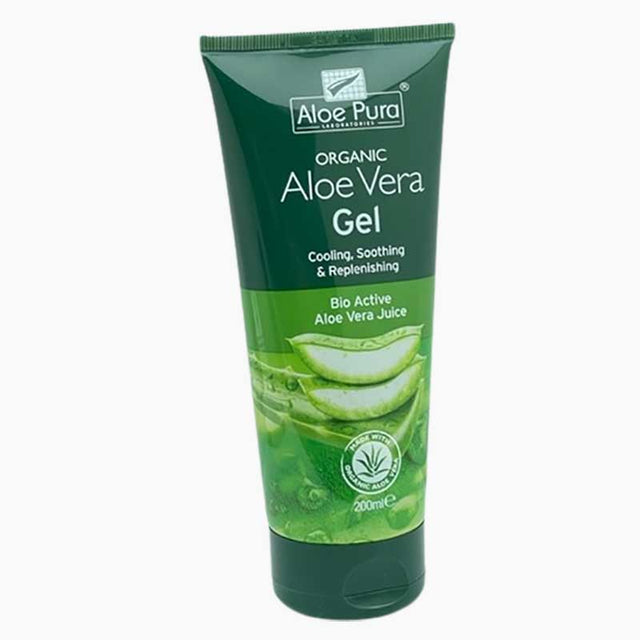 Aloe Pura organic aloe vera gel, cooling and soothing, in a 200ml squeeze tube.