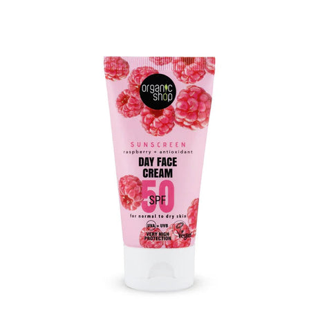 Organic Shop SPF 50 raspberry and antioxidant day face cream for normal to dry skin, providing very high UVA/UVB protection in a vegan formula.