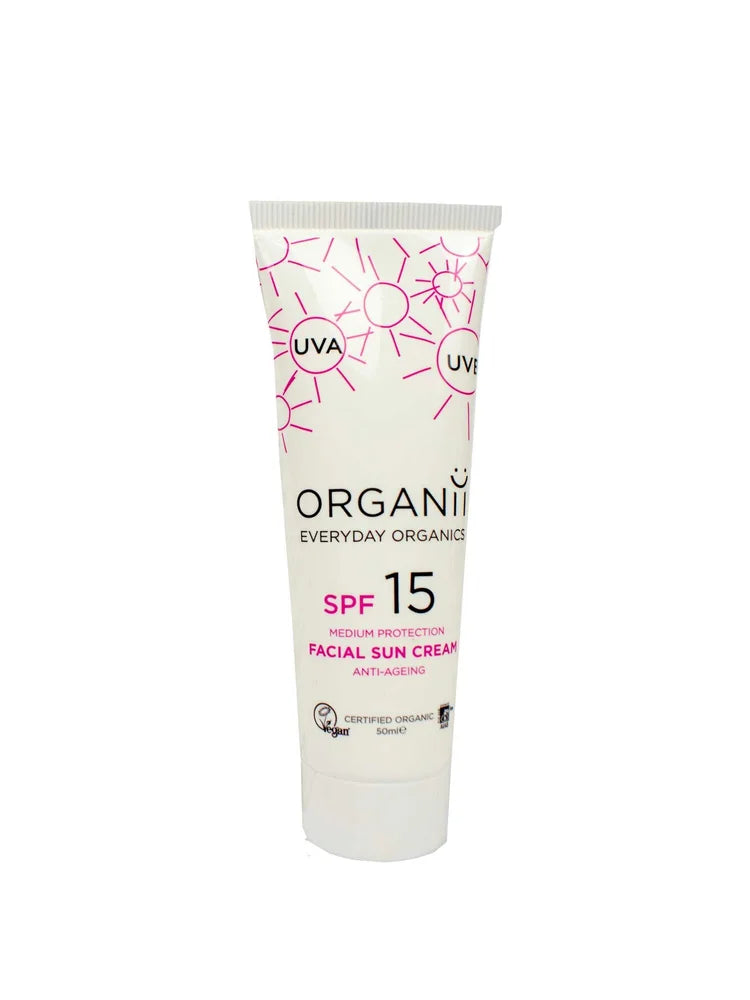 Organii SPF 15 Facial Sun Cream tube with pink sun illustrations on a white background.