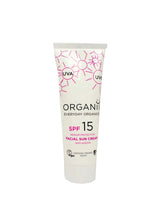 Organii SPF 15 Facial Sun Cream tube with pink sun illustrations on a white background.