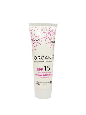 Organii SPF 15 Facial Sun Cream tube with pink sun illustrations on a white background.