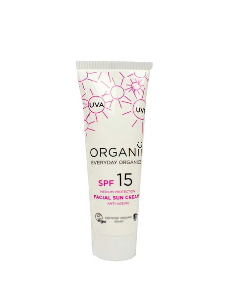 Organii SPF 15 Facial Sun Cream tube with pink sun illustrations on a white background.