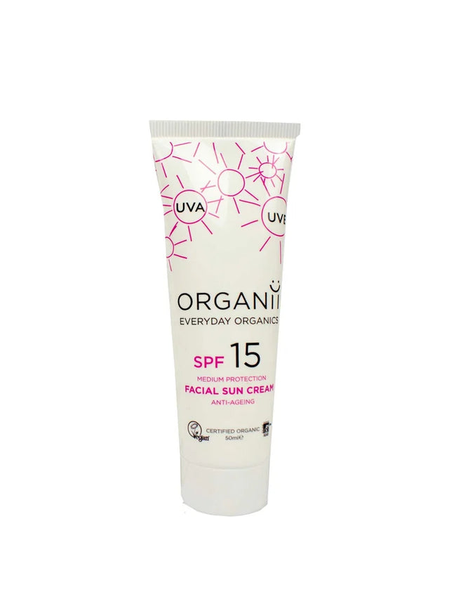 Organii SPF 15 Facial Sun Cream tube with pink sun illustrations on a white background.