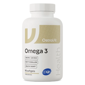A white bottle of OstroVit Omega 3 dietary supplement with a gold and blue label, shown on a clean white background.