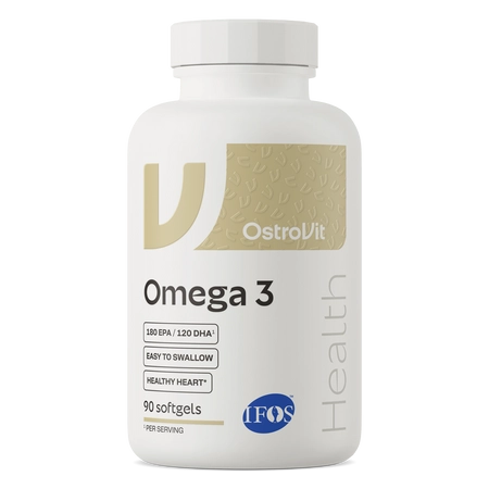 A white bottle of OstroVit Omega 3 dietary supplement with a gold and blue label, shown on a clean white background.