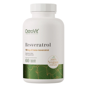 A white bottle of OstroVit Resveratrol dietary supplement capsules, featuring a white cap and a label with green and gold accents, set against a plain white background.