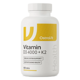 A white bottle of OstroVit Vitamin D3 4000 + K2 dietary supplements, containing 100 tabs, shown on a clean white background.