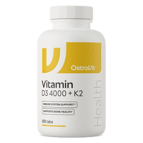 A white bottle of OstroVit Vitamin D3 4000 + K2 dietary supplements, containing 100 tabs, shown on a clean white background.