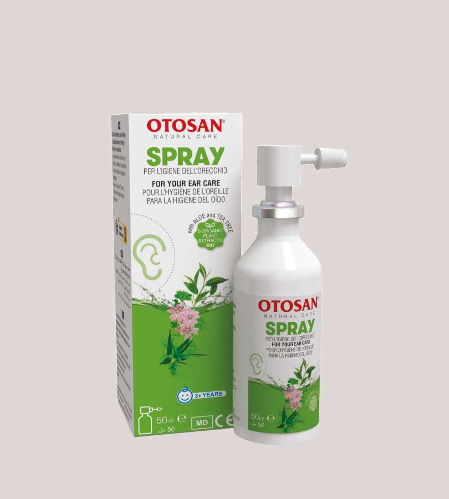 Otosan Ear Care spray bottle and box featuring aloe and tea tree extracts.