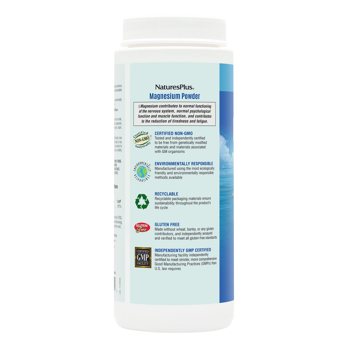 Side view of NaturesPlus Magnesium Powder bottle showing Non-GMO, Environmentally Responsible, Recyclable, Gluten Free, and GMP Certified logos.