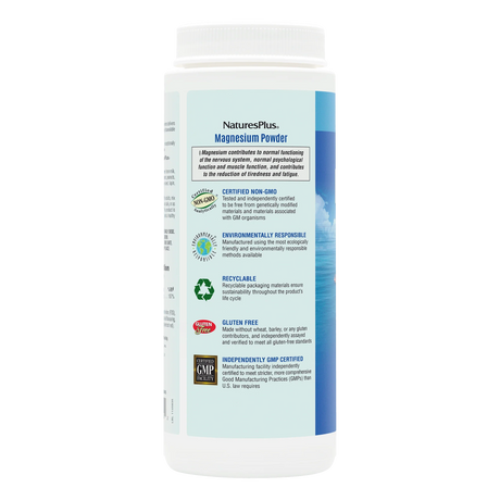 Side view of NaturesPlus Magnesium Powder bottle showing Non-GMO, Environmentally Responsible, Recyclable, Gluten Free, and GMP Certified logos.
