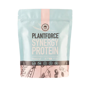 Plantforce Synergy Protein raw vegan powder with brown rice and pea protein for muscle repair, energy, and recovery.