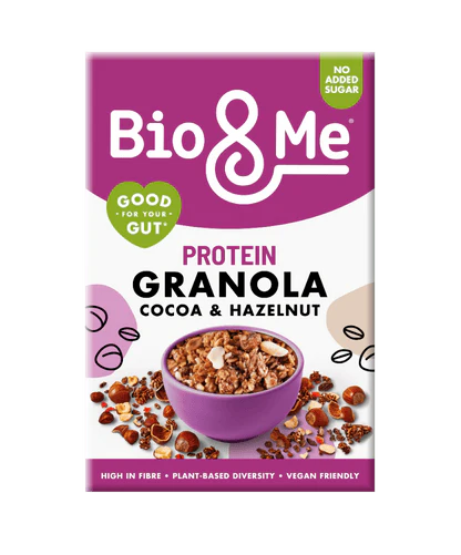 Bio&Me Cocoa & Hazelnut Protein Granola, a vegan-friendly, plant-based, and high-in-fibre breakfast option with no added sugar that is good for your gut.