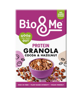 Bio&Me Cocoa & Hazelnut Protein Granola, a vegan-friendly, plant-based, and high-in-fibre breakfast option with no added sugar that is good for your gut.