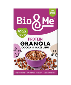 Bio&Me Cocoa & Hazelnut Protein Granola, a vegan-friendly, plant-based, and high-in-fibre breakfast option with no added sugar that is good for your gut.