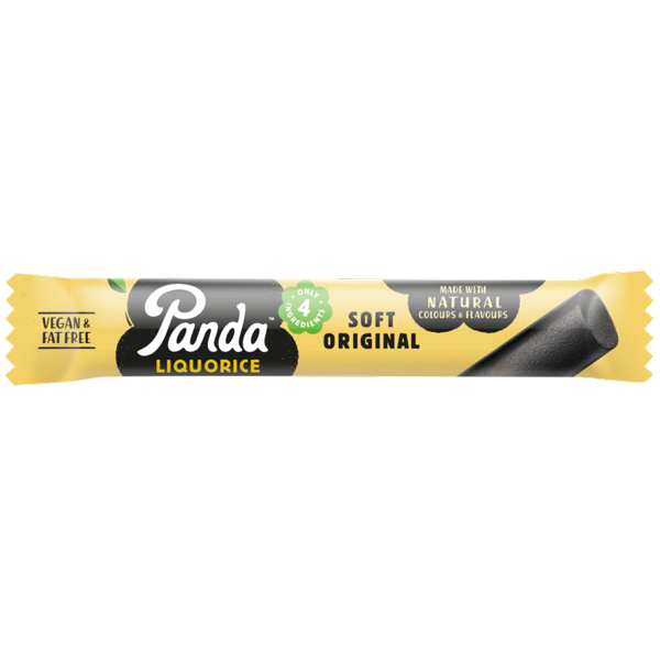 Panda Licorice organic soft licorice pieces in an orange and black bag with a "No Added Sugar" label.