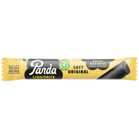 Panda Licorice organic soft licorice pieces in an orange and black bag with a "No Added Sugar" label.