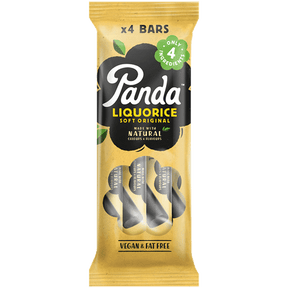 Panda Soft Original liquorice bar in a yellow wrapper, followed by a multi-pack bag containing four bars.