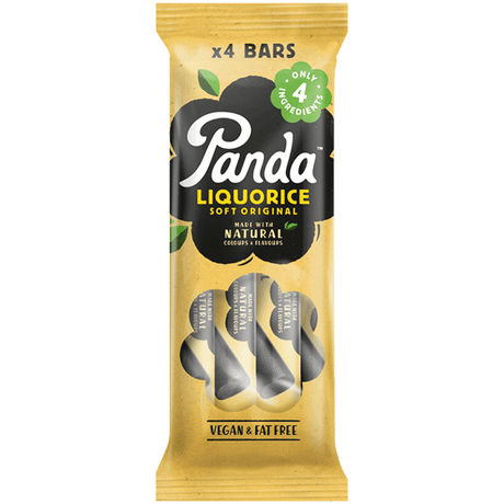 Panda Soft Original liquorice bar in a yellow wrapper, followed by a multi-pack bag containing four bars.