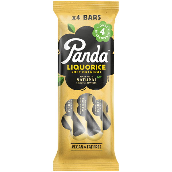 Panda Soft Original liquorice bar in a yellow wrapper, followed by a multi-pack bag containing four bars.