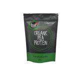 A 250g grey and green resealable pouch of True Organic Pea Protein featuring a green circular logo and white text.