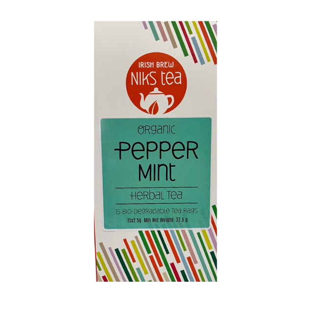 A box of Irish Brew NIKS Tea, "Organic Peppermint" herbal tea, containing 15 bio-degradable tea bags with a minimum net weight of 37.5g, featuring colorful geometric border patterns.