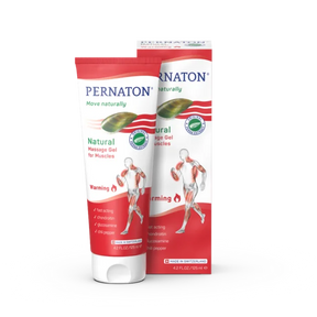 Pernaton Natural Warming Massage Gel for Muscles tube and box featuring a muscular figure illustration.