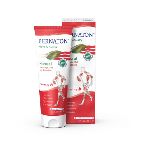 Pernaton Natural Warming Massage Gel for Muscles tube and box featuring a muscular figure illustration.