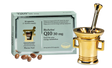 BioActive Q10 30 mg supplement packaging with capsules and a gold mortar and pestle.