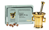 BioActive Q10 30 mg supplement packaging with capsules and a gold mortar and pestle.