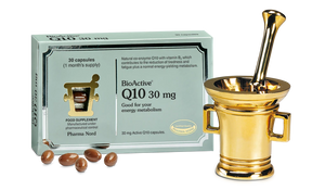 BioActive Q10 30 mg supplement packaging with capsules and a gold mortar and pestle.