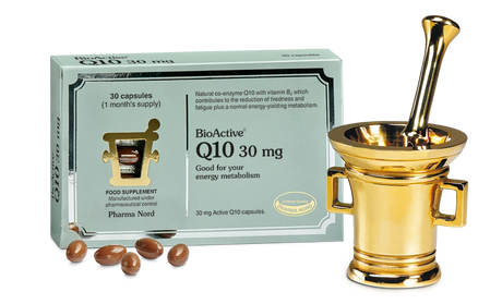 BioActive Q10 30 mg supplement packaging with capsules and a gold mortar and pestle.