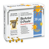Pharma Nord BioActive D-Pearls vitamin D3 capsules in olive oil for immune system and bone health.