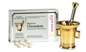 Pharma Nord Bio-Chromium tablets with ChromoPrecise organic chromium yeast for blood sugar balance and metabolic support.