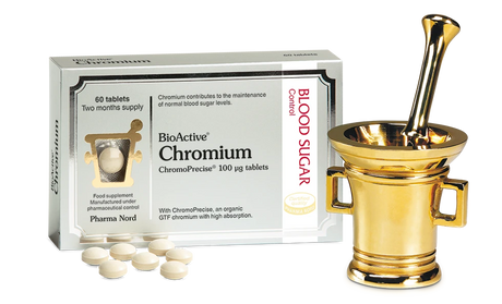 Pharma Nord Bio-Chromium tablets with ChromoPrecise organic chromium yeast for blood sugar balance and metabolic support.