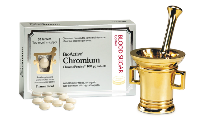 Pharma Nord Bio-Chromium tablets with ChromoPrecise organic chromium yeast for blood sugar balance and metabolic support.