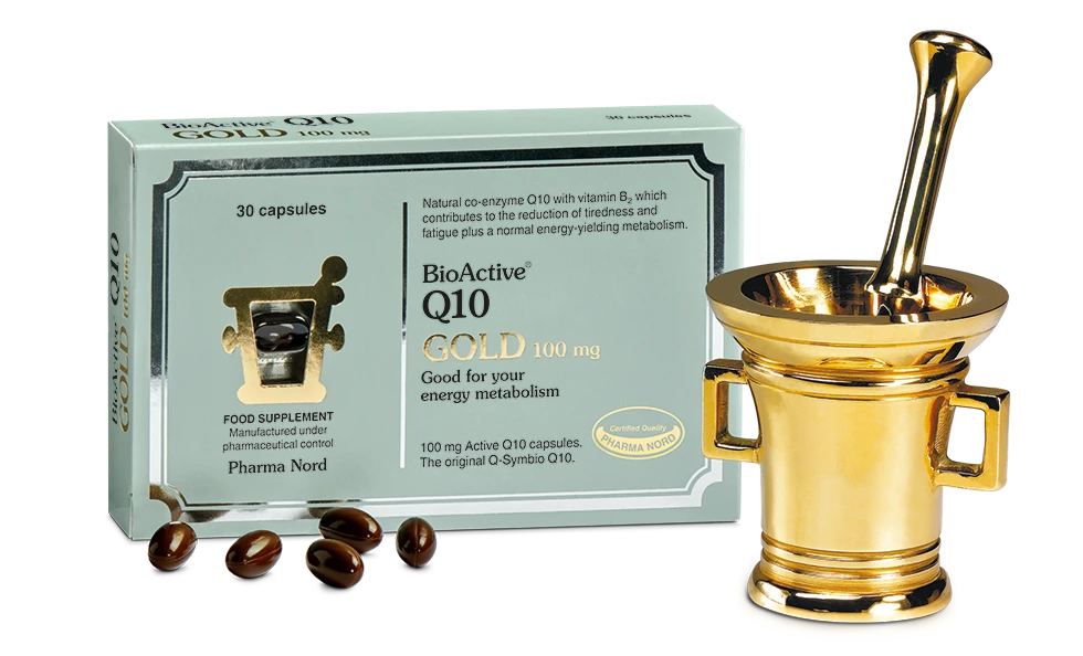 Pharma Nord Bio-Quinone Q10 100mg capsules for energy production, heart health, and antioxidant support.
