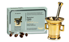 Pharma Nord Bio-Quinone Q10 100mg capsules for energy production, heart health, and antioxidant support.