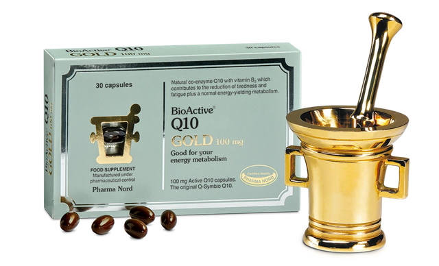 Pharma Nord Bio-Quinone Q10 100mg capsules for energy production, heart health, and antioxidant support.